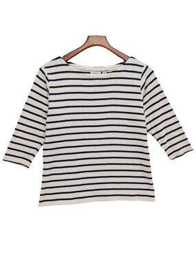 LL Bean Striped Knit Top Womens Navy Cream 3/4 Sleeve Boatneck Pullover Size MP